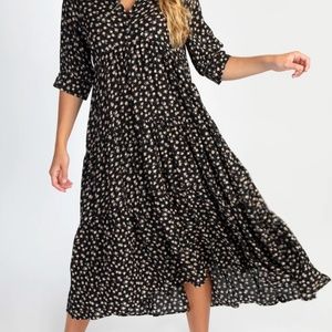 Barely Worn Rebecca Tiered Midi Dress - Black Cream Roses